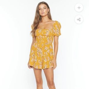 Flynn Skye Justine Romper Mustard Spring Floral Print Ruching Puff Sleeves XS